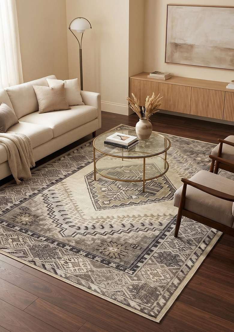 Saffron Rugs Hand Knotted Beige Grey Wool Rectangular Rug - Indya
