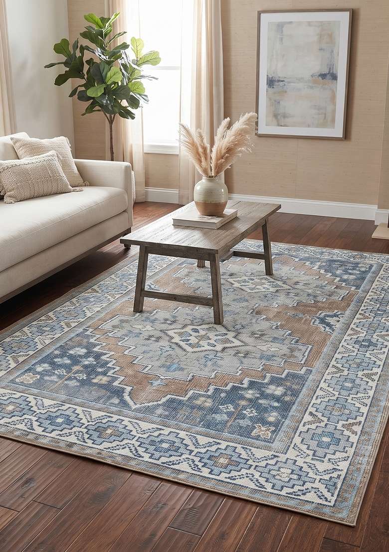 Saffron Rugs Hand Knotted Blue Beige Wool Rectangular Rug - Indya