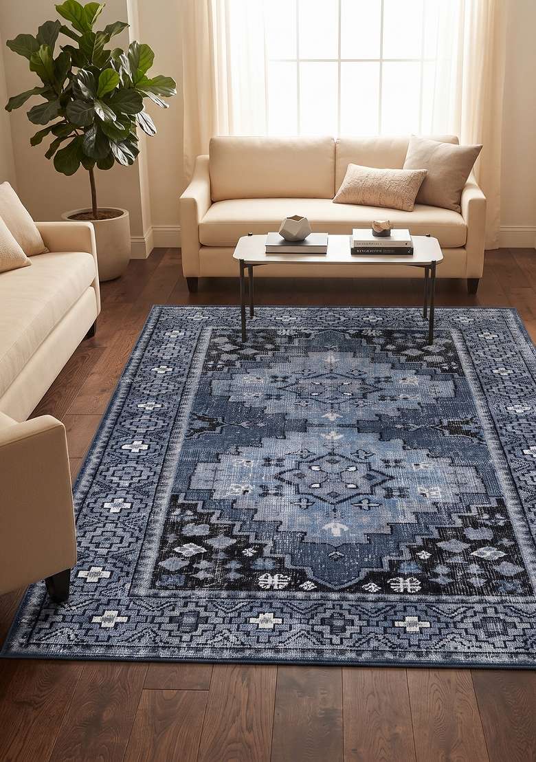 Saffron Rugs Hand Knotted Navy Blue Wool Rectangular Rug - Indya