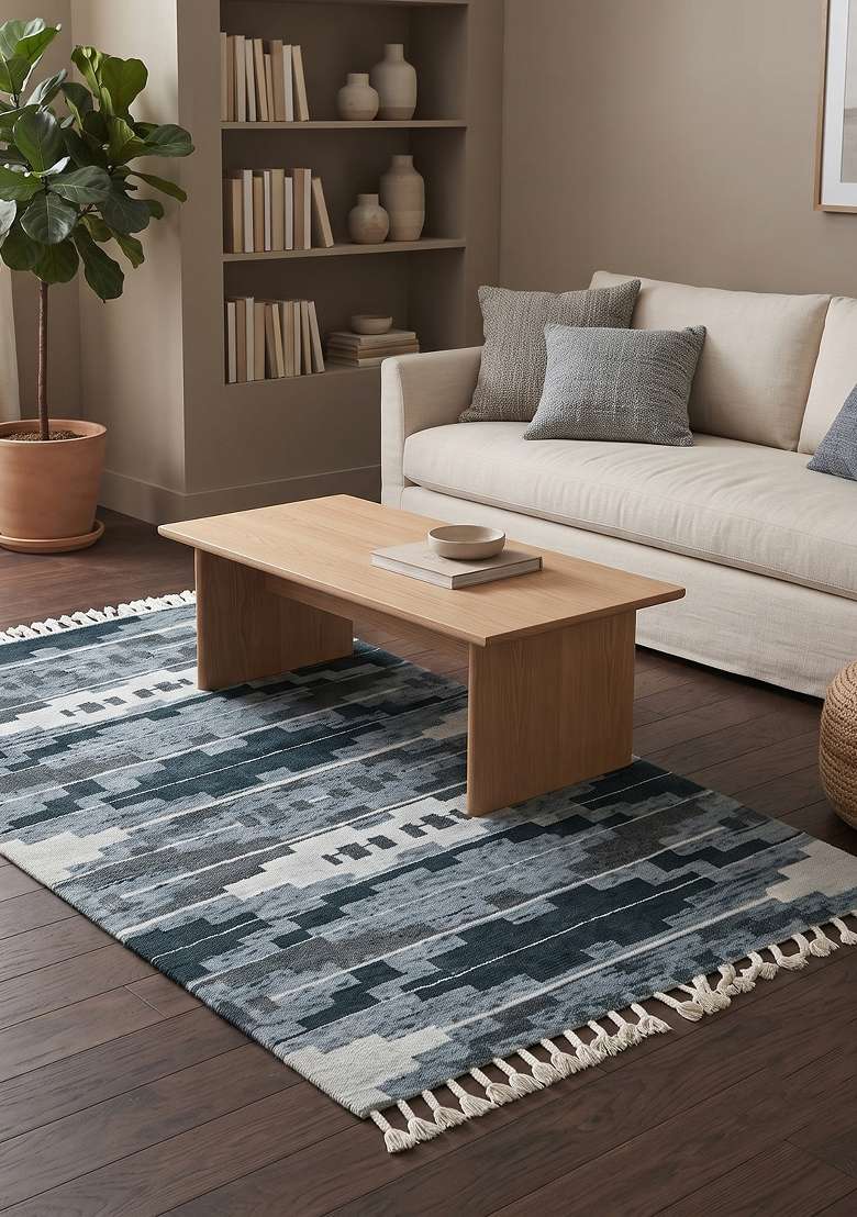 Saffron Rugs Hand Knotted Blue Grey Wool Rectangular Rug - Indya