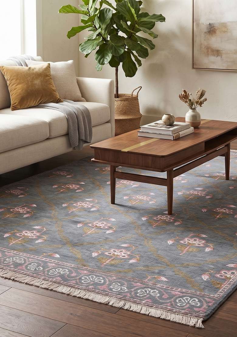 Saffron Rugs Hand Knotted Slate Blue Wool Rectangular Rug - Indya