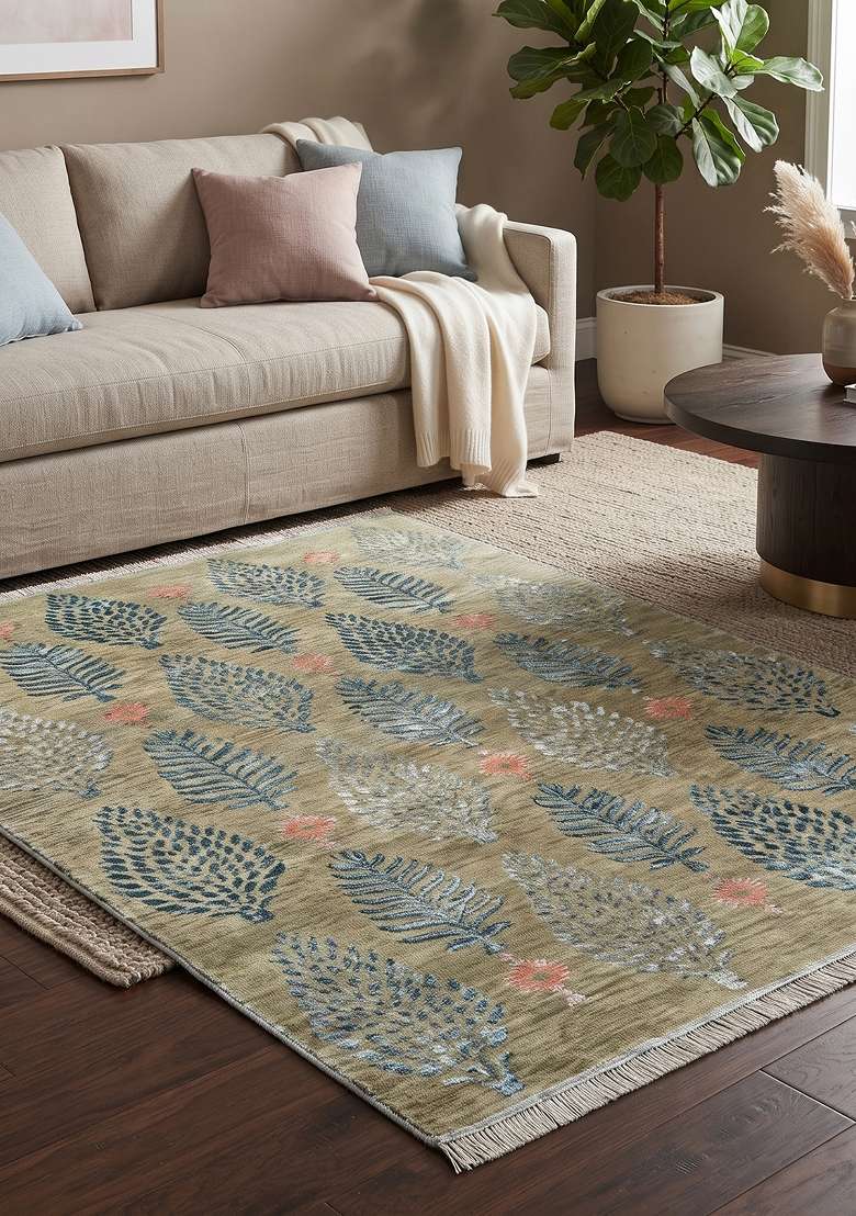 Saffron Rugs Hand Knotted Olive Green Wool Leaf Rectangular Rug - Indya
