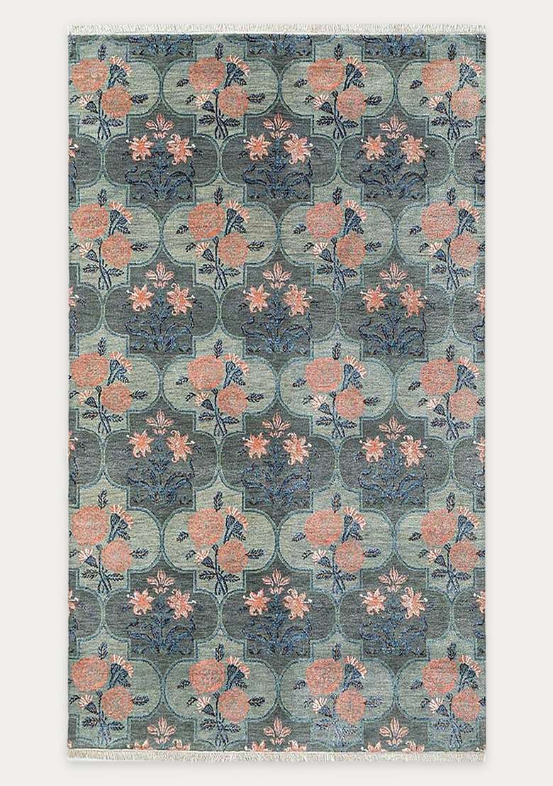 Saffron Rugs Blue Grey Trellis Hand Knotted Wool Rectangular Rug - Indya