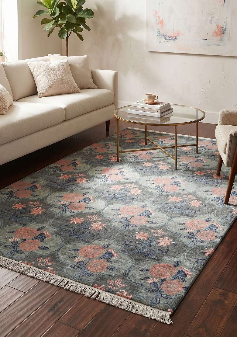Saffron Rugs Hand Knotted Blue Grey Wool Trellis Rectangular Rug - Indya