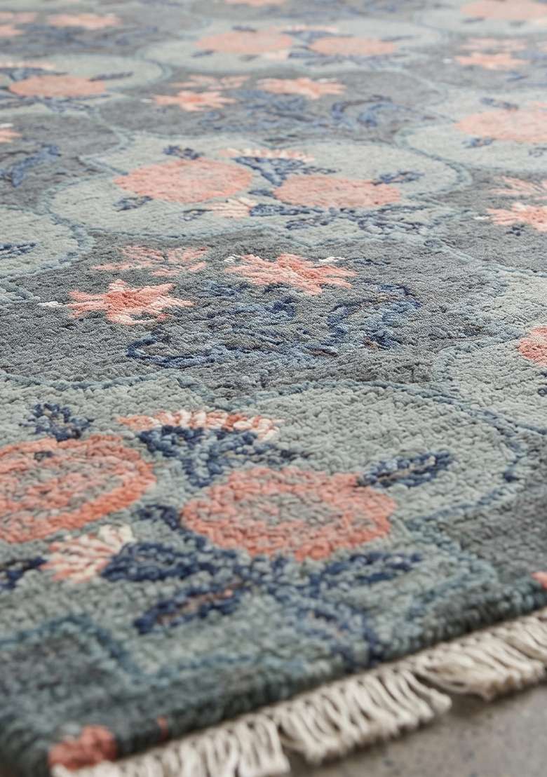 Saffron Rugs Blue Grey Trellis Hand Knotted Wool Rectangular Rug - Indya