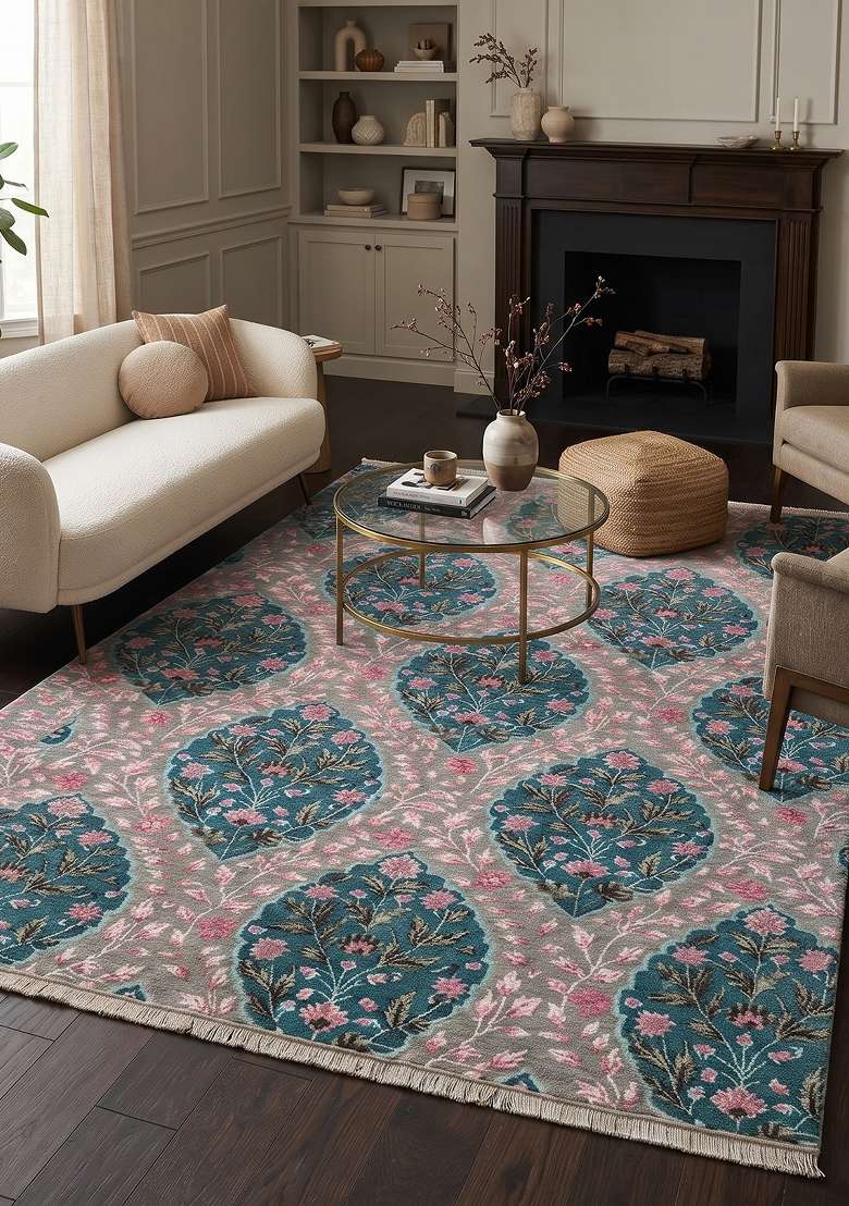 Saffron Rugs Hand Knotted Teal Wool Floral Rectangular Rug - Indya