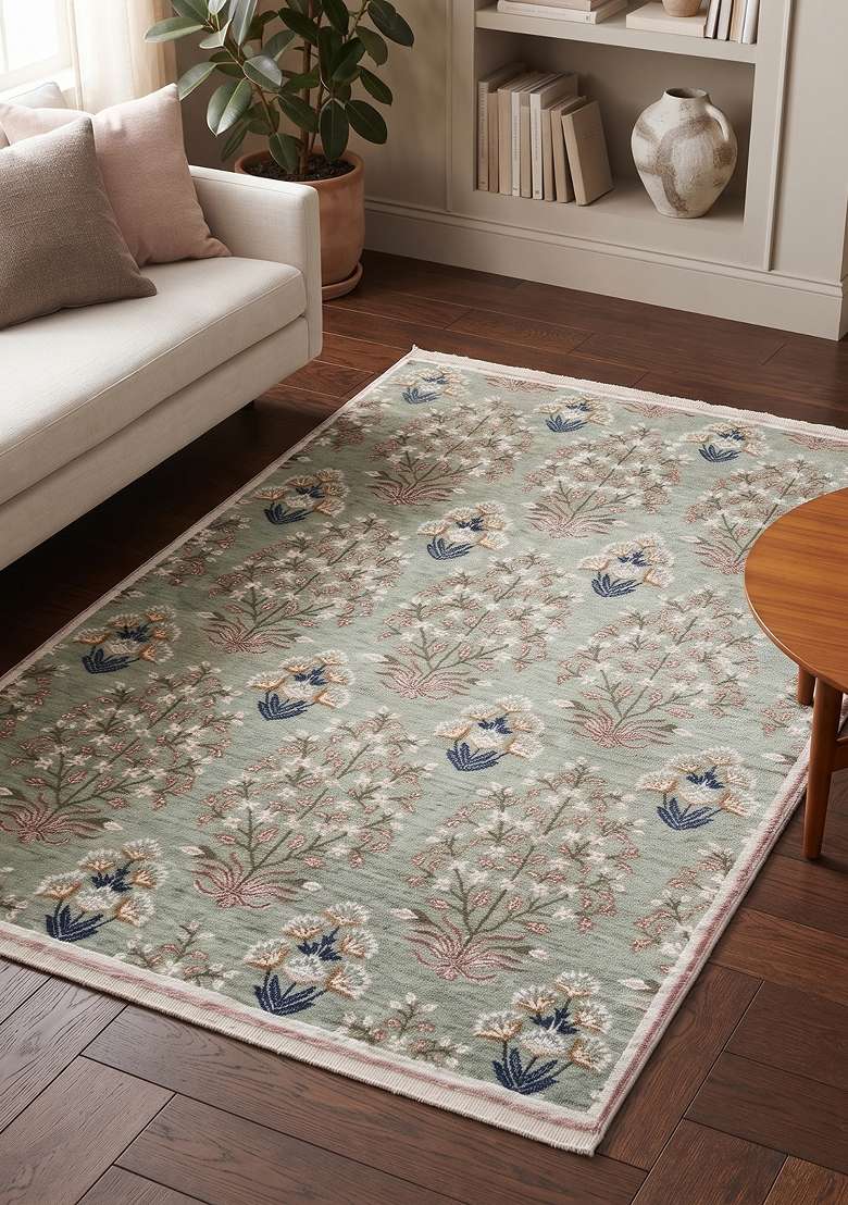 Saffron Rugs Hand Knotted Sage Green Wool Floral Rectangular Rug - Indya