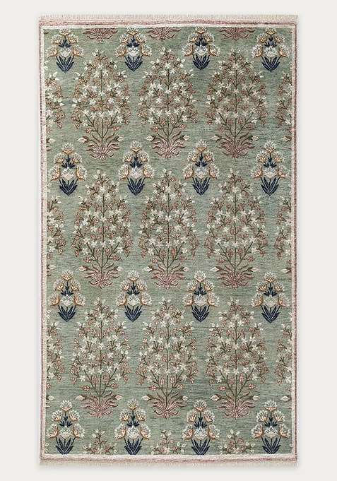 100% Wool Handmade Green Rug | Floral Carpet For Living Room