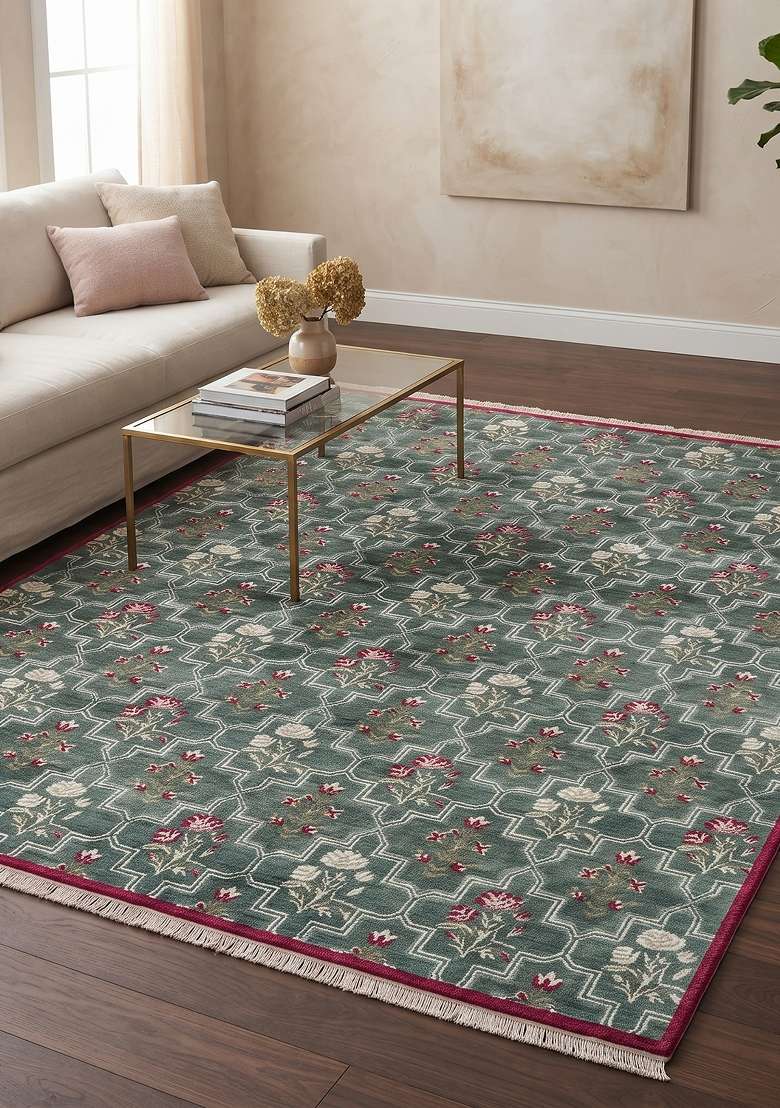 Saffron Rugs Hand Knotted Teal Green Wool Rectangular Rug - Indya