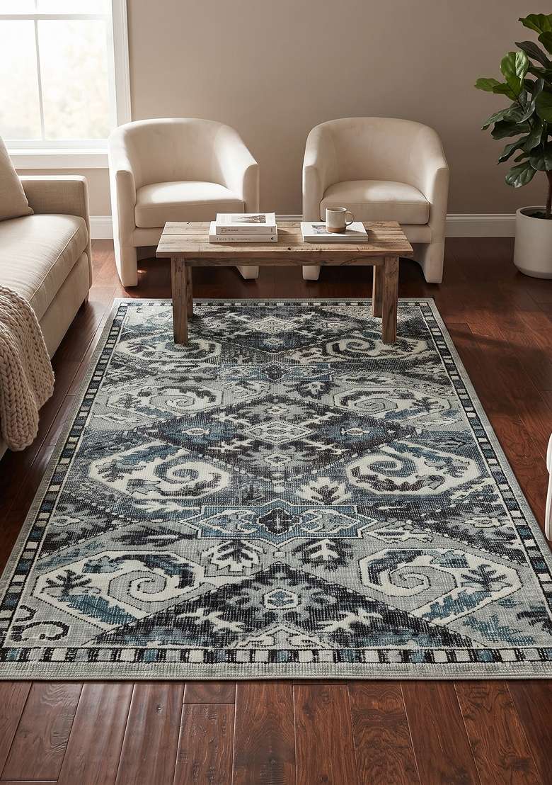 Saffron Rugs Hand Knotted Blue Grey Wool Rectangular Rug - Indya