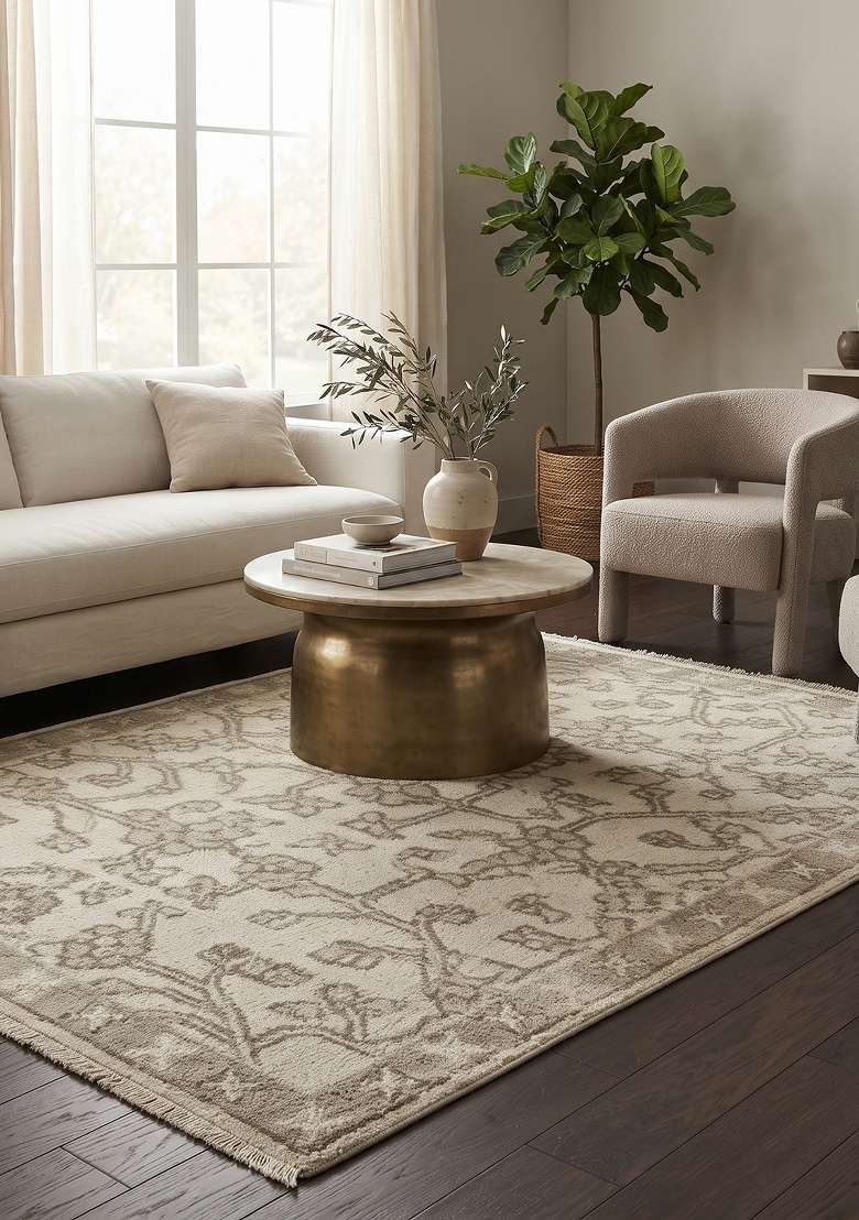 Saffron Rugs Hand Knotted Ivory Beige Wool Rectangular Rug - Indya