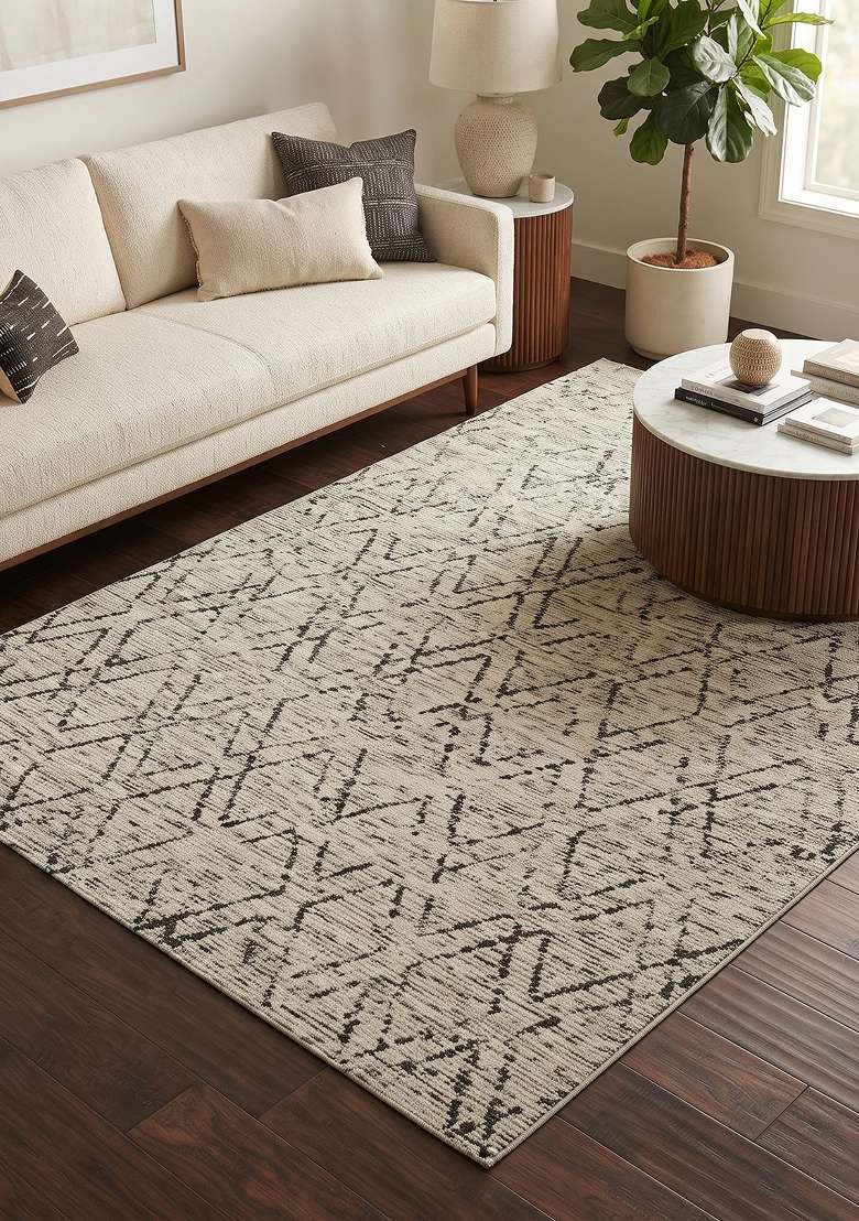 Saffron Rugs Hand Knotted Ivory Wool Geometric Rectangular Rug - Indya