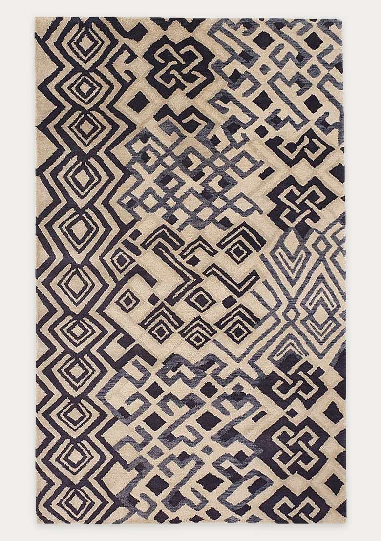 Saffron Rugs Hand Knotted Beige Navy Wool Rectangular Rug - Indya