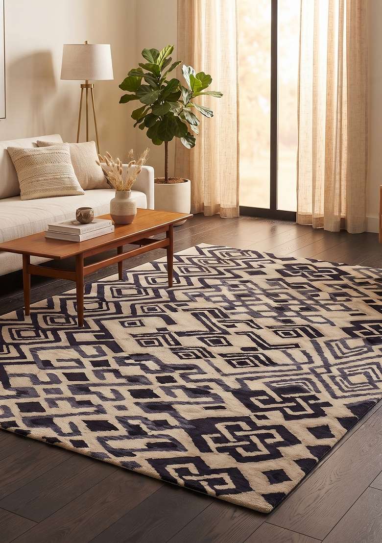 Saffron Rugs Beige Navy Hand Knotted Wool Rectangular Rug - Indya