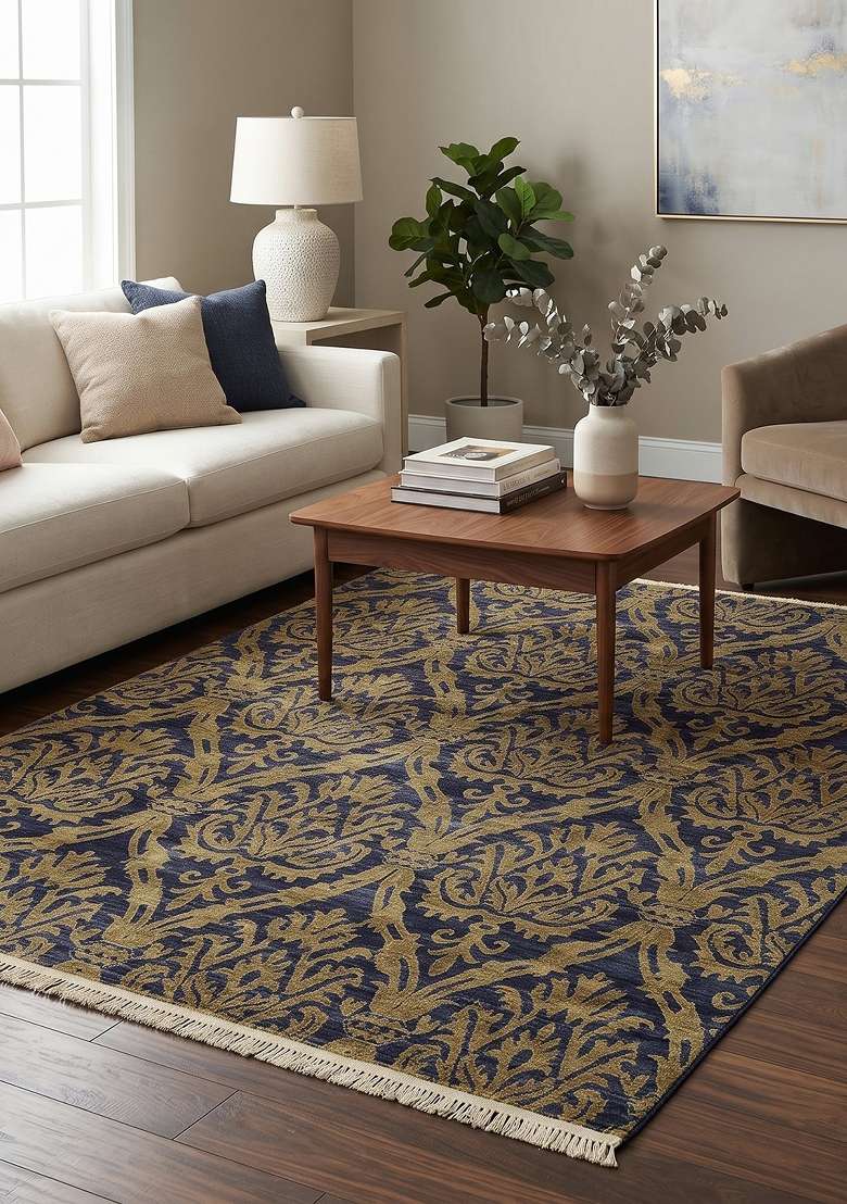 Saffron Rugs Hand Knotted Navy Purple Gold Wool Rectangular Rug - Indya