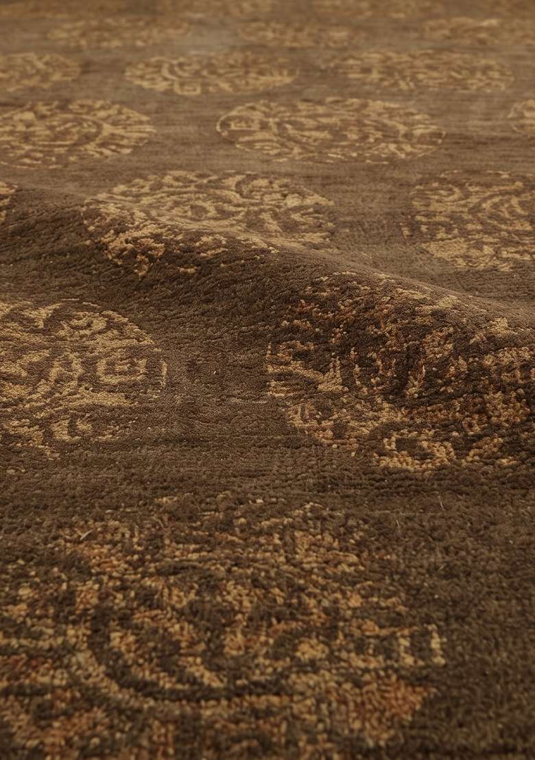 Saffron Rugs Dark Brown Floral Hand Knotted Wool Rectangular Rug - Indya