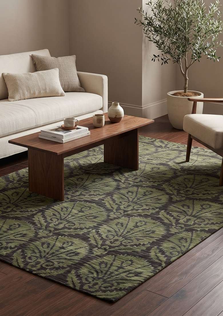 Saffron Rugs Hand Knotted Olive Green Wool Rectangular Rug - Indya