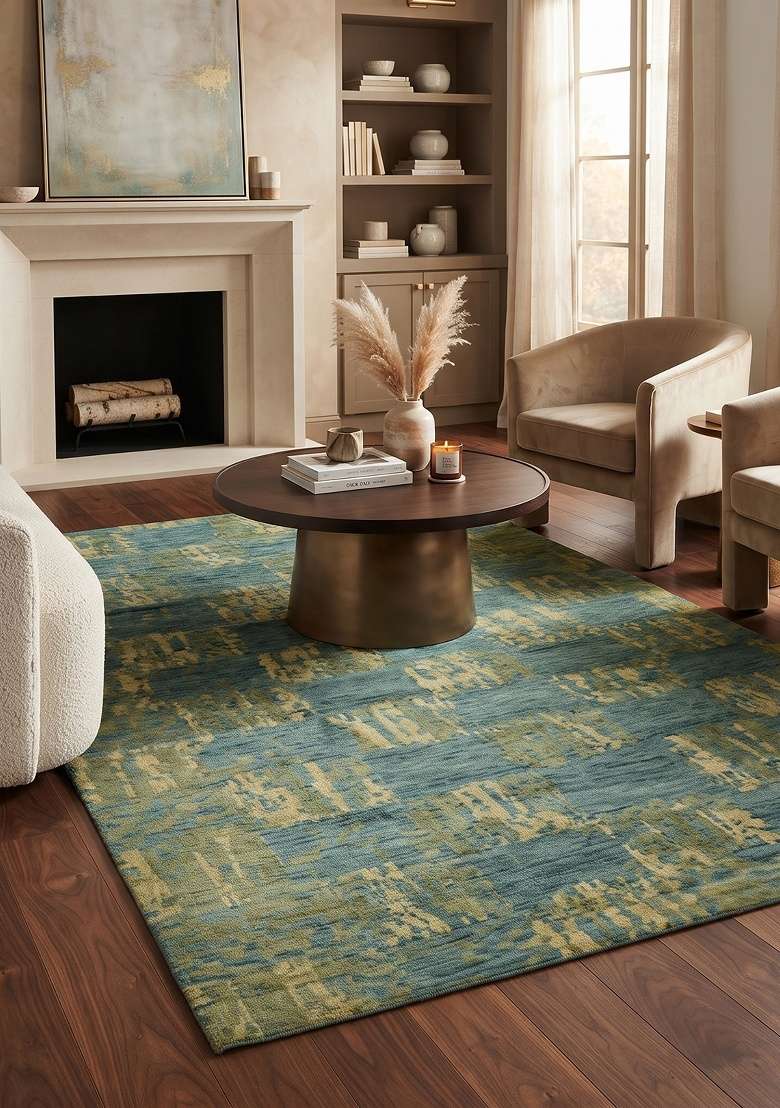 Saffron Rugs Hand Knotted Teal Blue Gold Wool Rectangular Rug - Indya