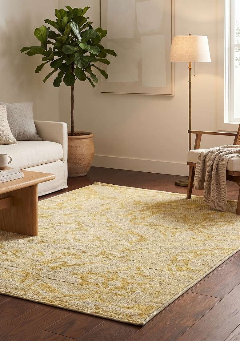 Saffron Rugs Hand Knotted Gold Yellow Wool Rectangular Rug - Indya