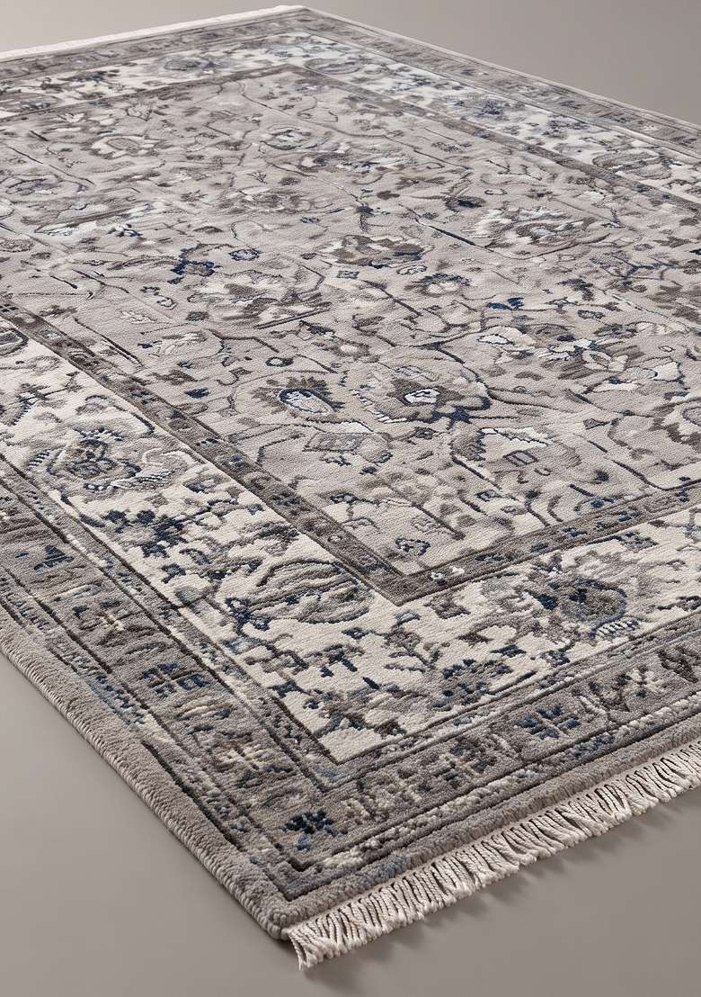 Saffron Rugs Light Grey Floral Hand Knotted Wool Rectangular Rug - Indya