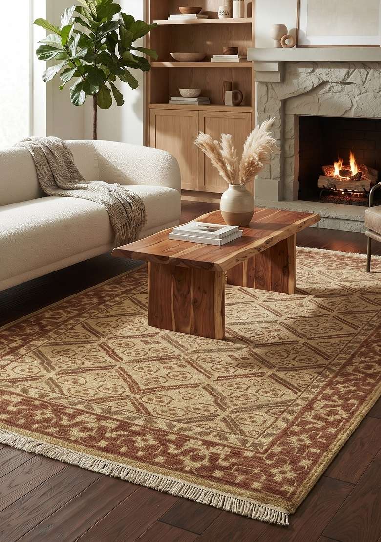 Saffron Rugs Hand Knotted Beige and Rust Wool Rectangular Rug - Indya