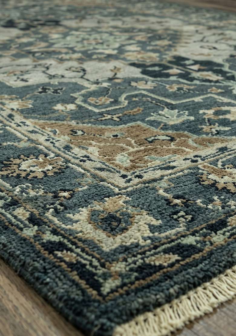 Saffron Rugs Hand Knotted Dark Teal Wool Floral Rectangular Rug - Indya