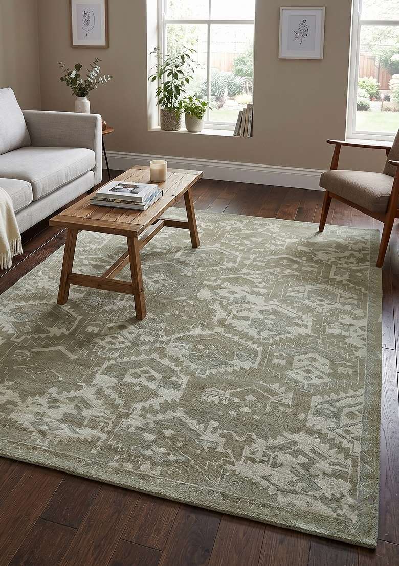 Saffron Rugs Hand Knotted Sage Green Wool Rectangular Rug - Indya
