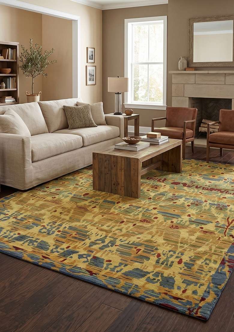 Saffron Rugs Hand Knotted Gold Yellow Wool Rectangular Rug - Indya