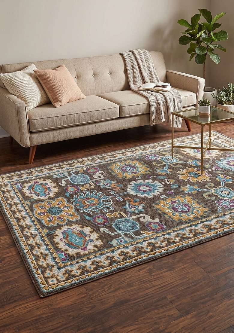 Saffron Rugs Hand Knotted Dark Brown Wool Floral Rectangular Rug - Indya