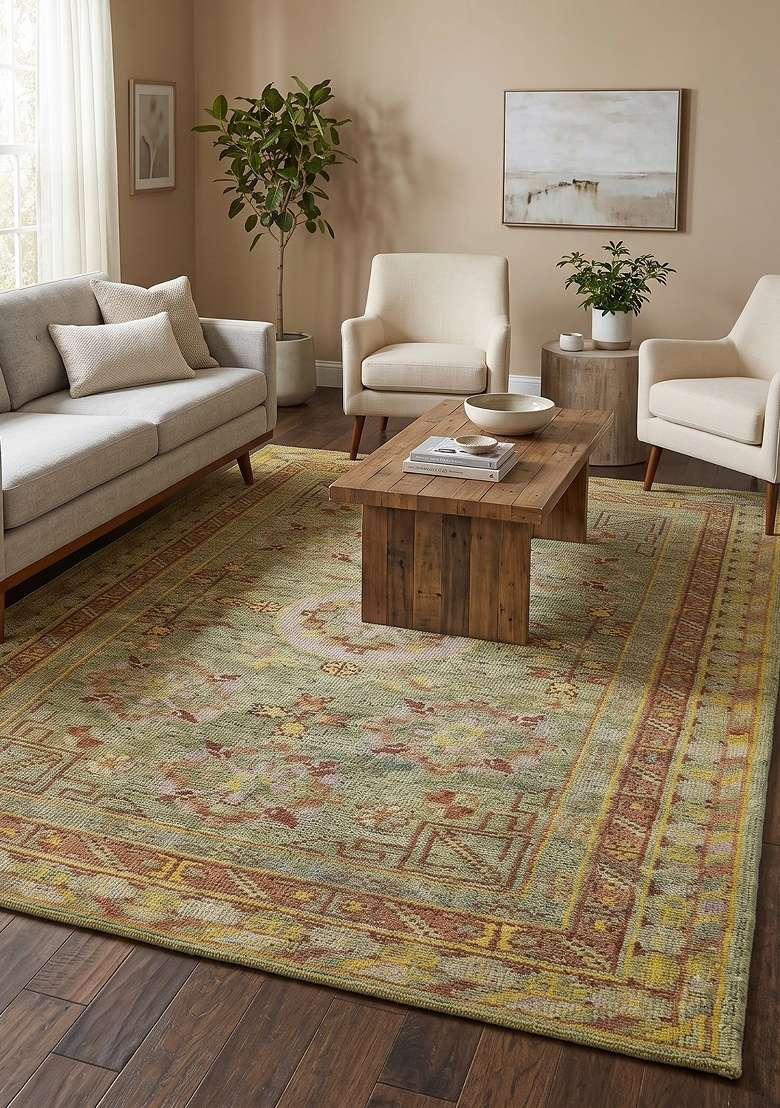 Saffron Rugs Hand Knotted Sage Green Wool Floral Rectangular Rug - Indya