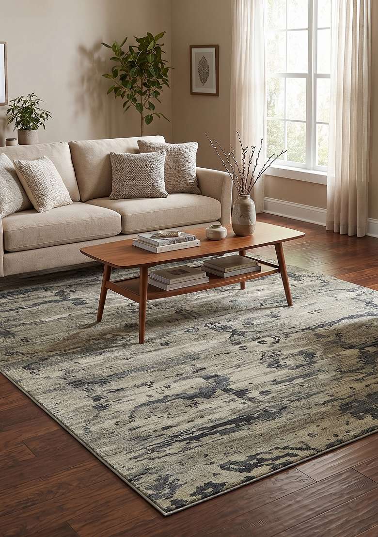 Saffron Rugs Hand Knotted Beige Grey Wool Marble Rectangular Rug - Indya