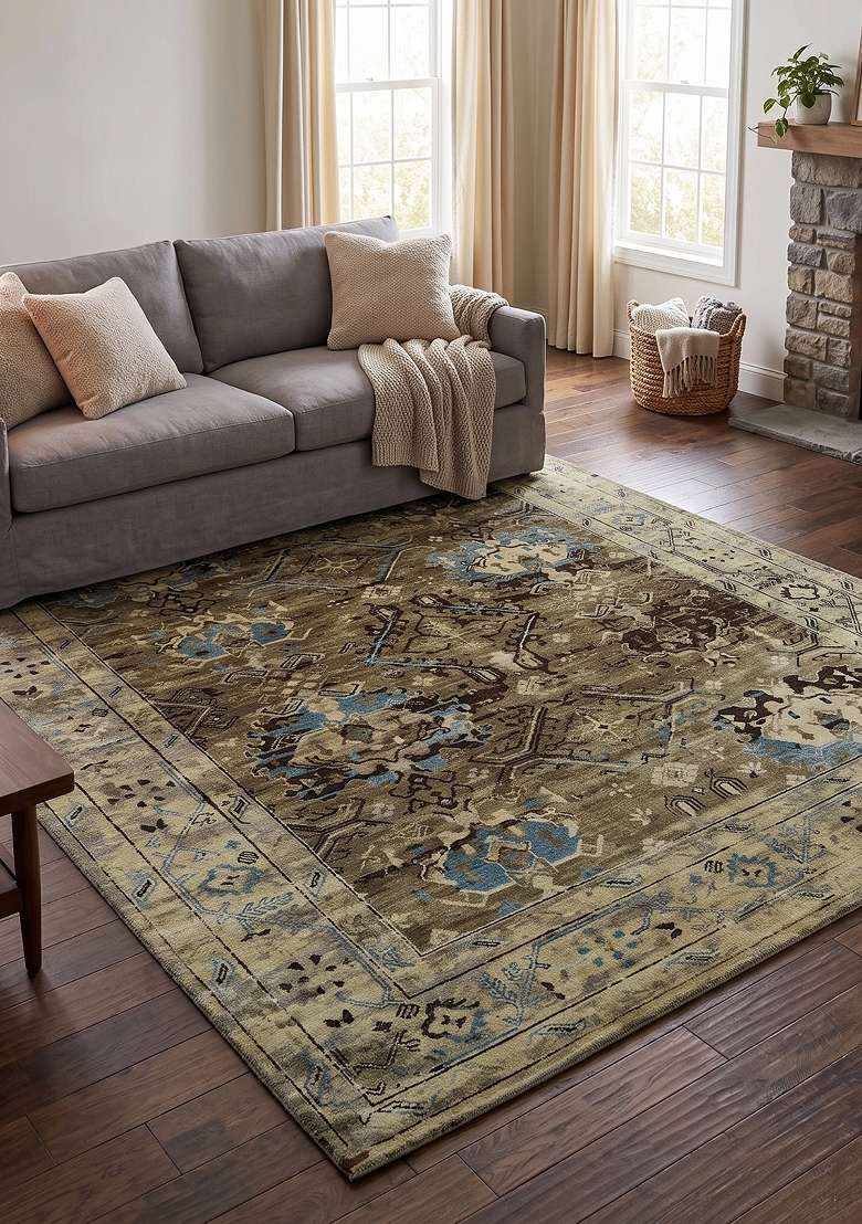 Saffron Rugs Hand Knotted Olive Brown Wool Rectangular Rug - Indya