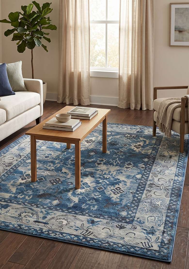 Saffron Rugs Hand Knotted Blue Wool Geometric Rectangular Rug - Indya
