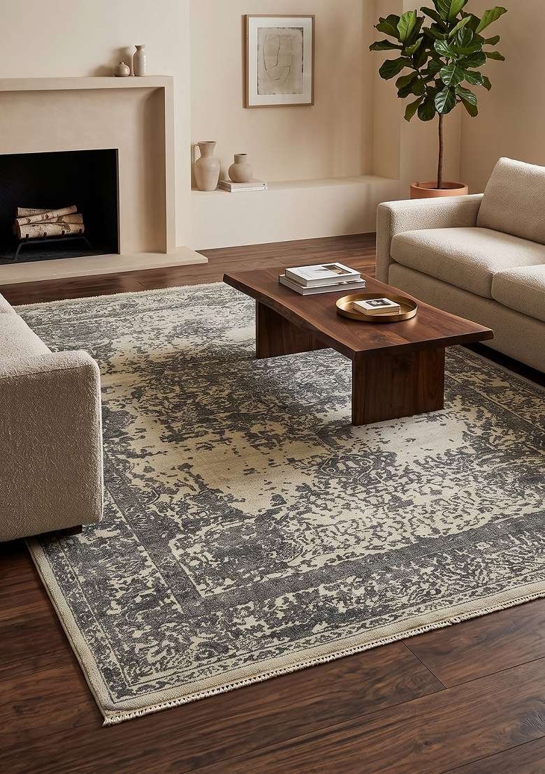 Saffron Rugs Hand Knotted Grey Cream Wool Rectangular Rug - Indya