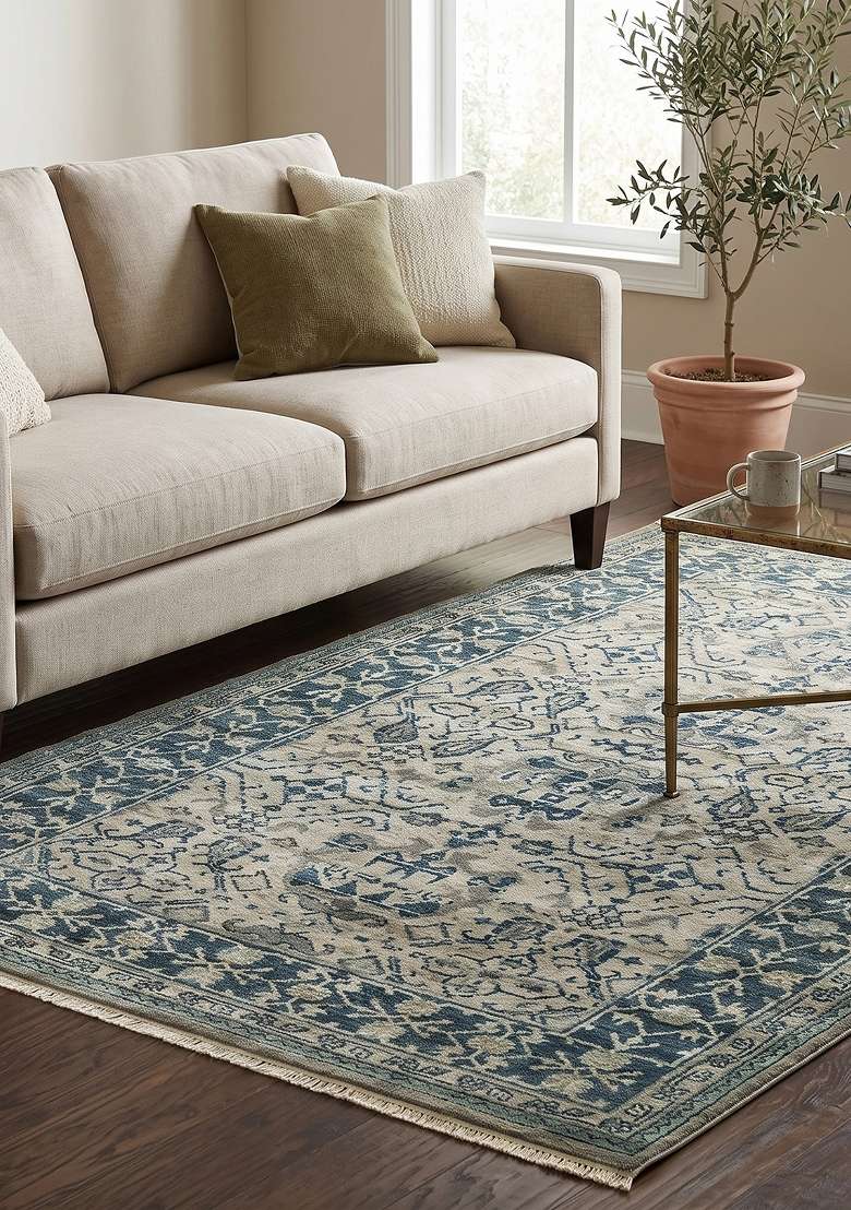 Saffron Rugs Hand Knotted Blue Beige Wool Floral Rectangular Rug - Indya