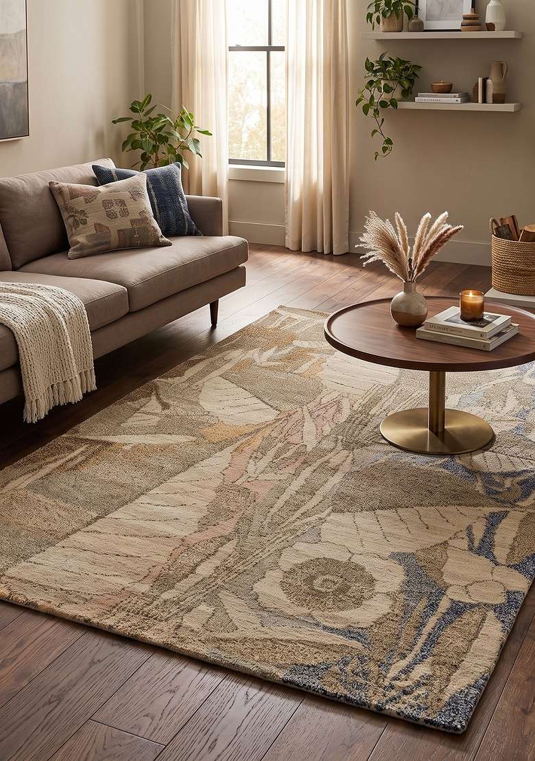 Saffron Rugs Hand Knotted Beige Tan Wool Floral Rectangular Rug - Indya