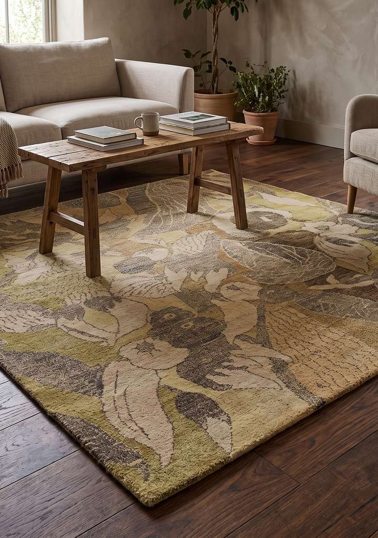 Saffron Rugs Hand Knotted Olive Gold Wool Floral Rectangular Rug - Indya