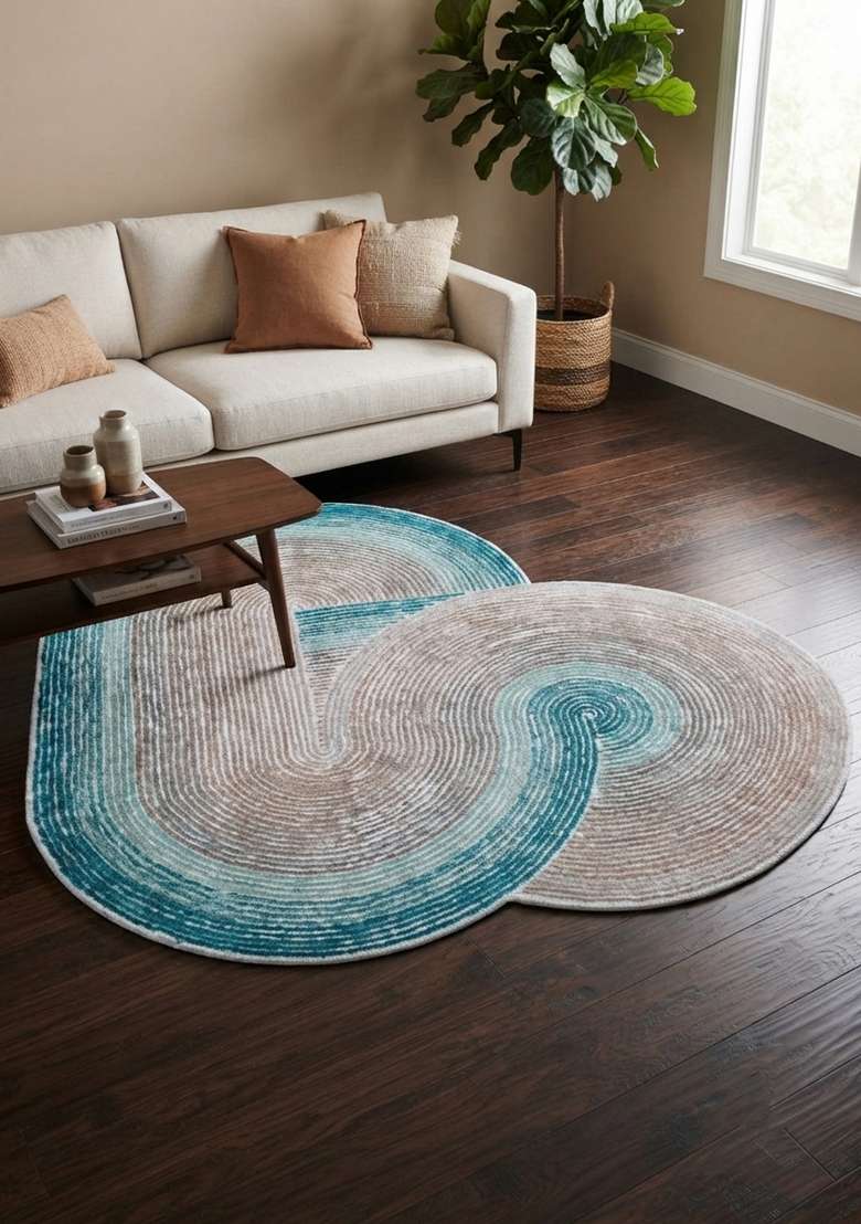 Saffron Rugs Hand-Tufted Teal and Beige Viscose Oval Rug - Indya