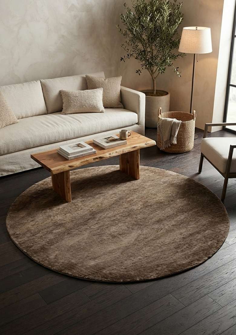 Saffron Rugs Medium Brown Hand Tufted Viscose Round Rug - Indya