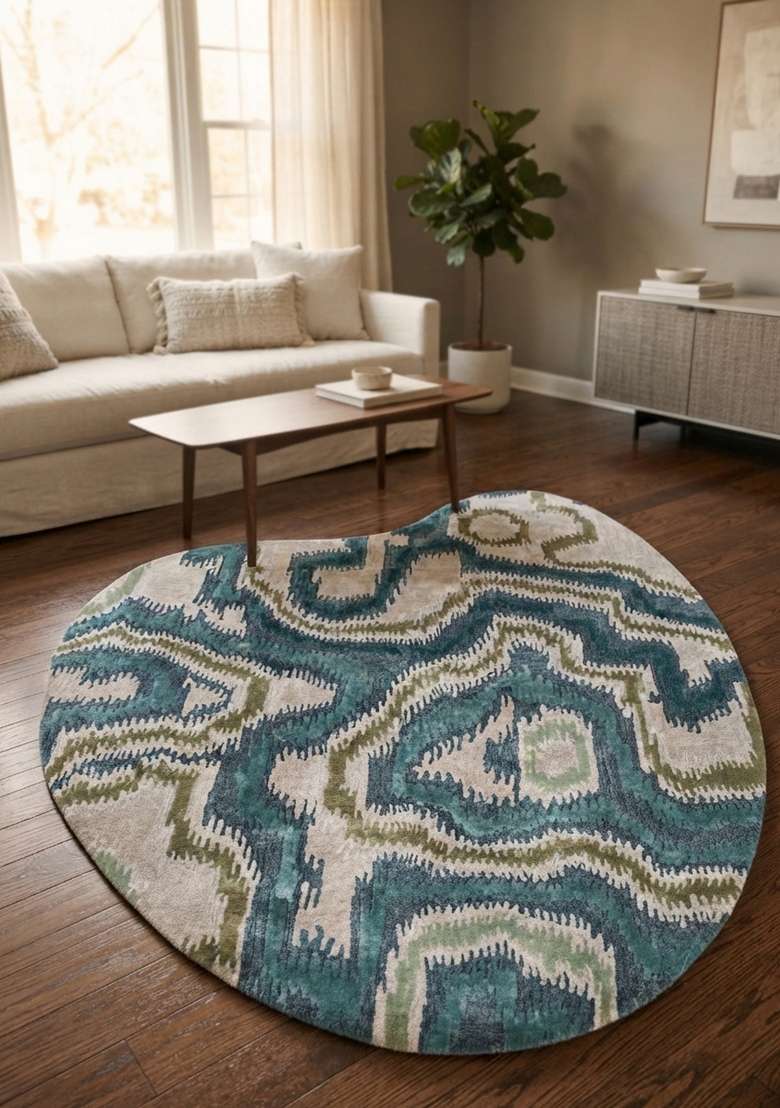 Saffron Rugs Hand-Tufted Teal Blue Viscose Oblong Rug - Indya
