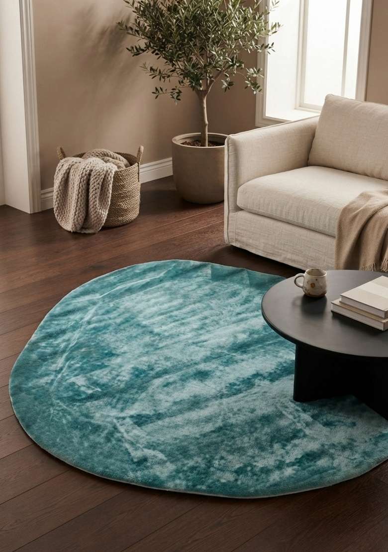 Saffron Rugs Teal Hand Tufted Viscose Round Rug - Indya