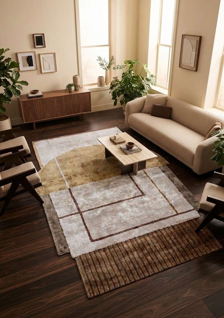 Saffron Rugs Hand-Tufted Beige Gold Grey Viscose Rectangular Rug - Indya