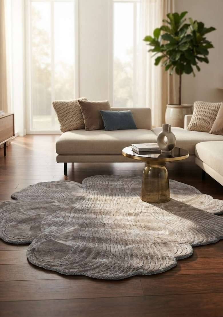 Saffron Rugs Grey Floral Hand Tufted Viscose Rectangular Rug - Indya