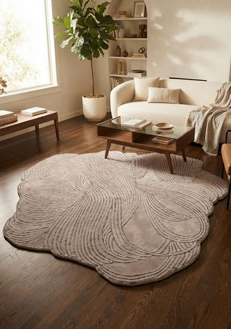 Saffron Rugs Hand-Tufted Taupe Viscose Scalloped Rug - Indya
