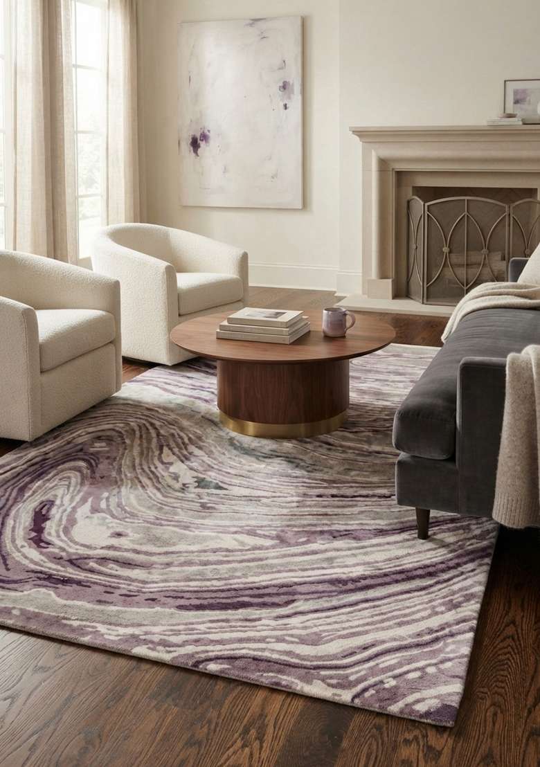 Saffron Rugs Hand-Tufted Purple Grey Cream Viscose Rectangular Rug - Indya
