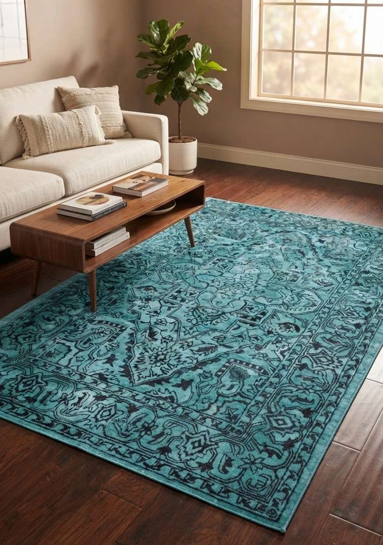 Saffron Rugs Teal Hand Tufted Viscose Rectangular Rug - Indya