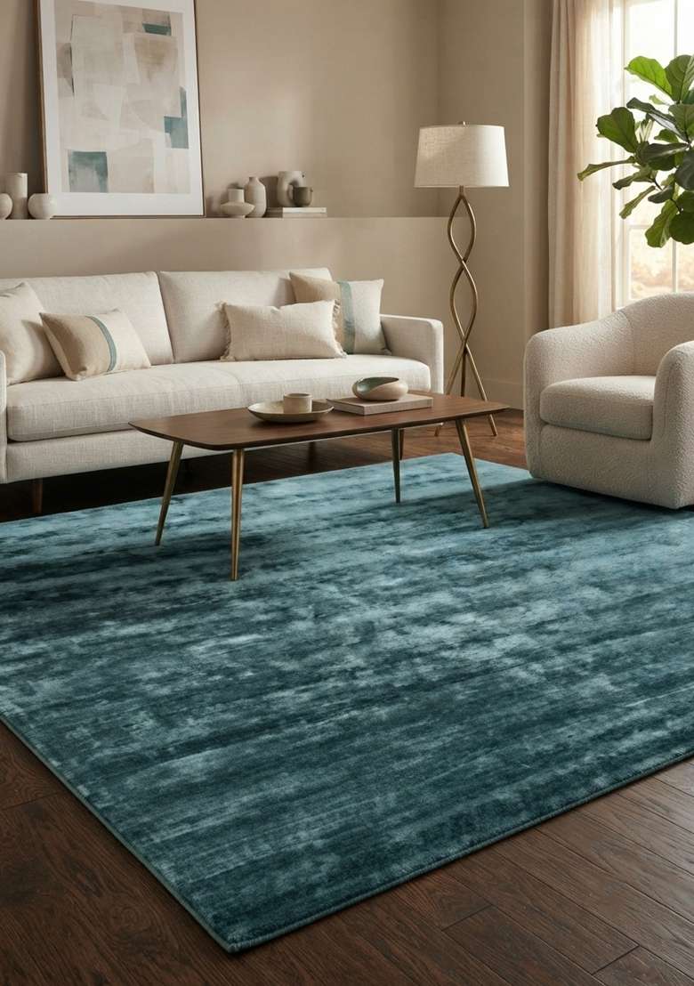 Saffron Rugs Teal Blue Hand Tufted Viscose Rectangular Rug - Indya
