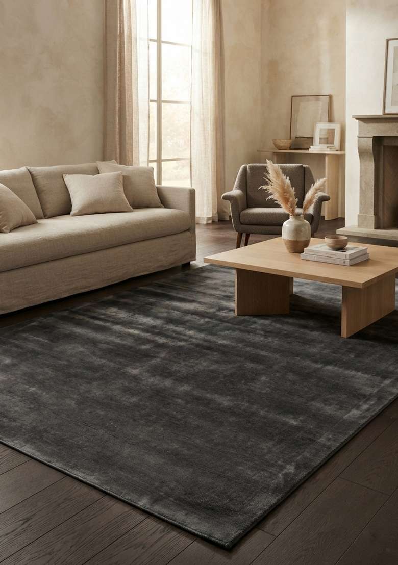 Saffron Rugs Dark Charcoal Grey Hand Tufted Viscose Rectangular Rug - Indya
