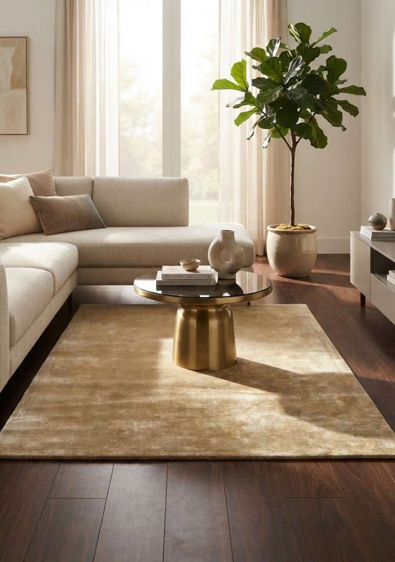 Saffron Rugs Hand-Tufted Golden Beige Viscose Rectangular Rug - Indya