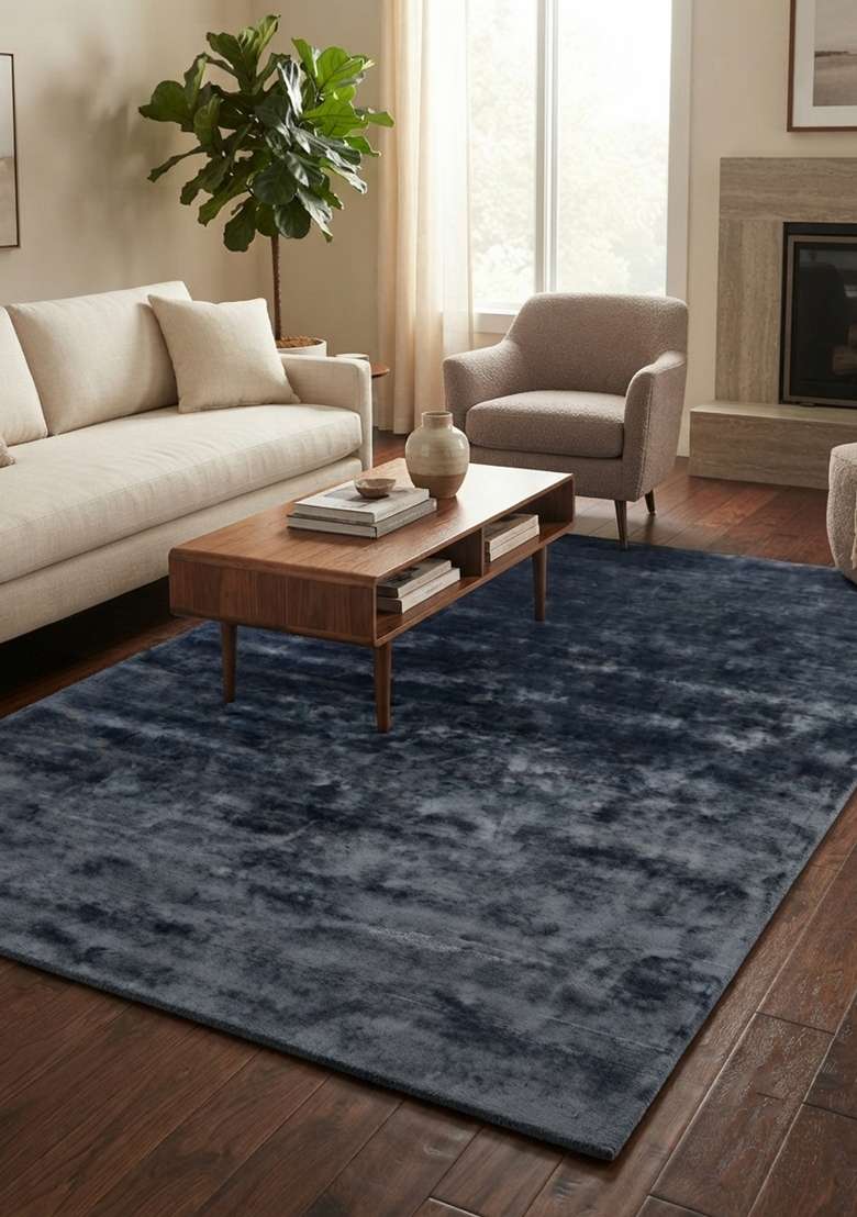 Saffron Rugs Dark Navy Blue Hand Tufted Viscose Rectangular Rug - Indya
